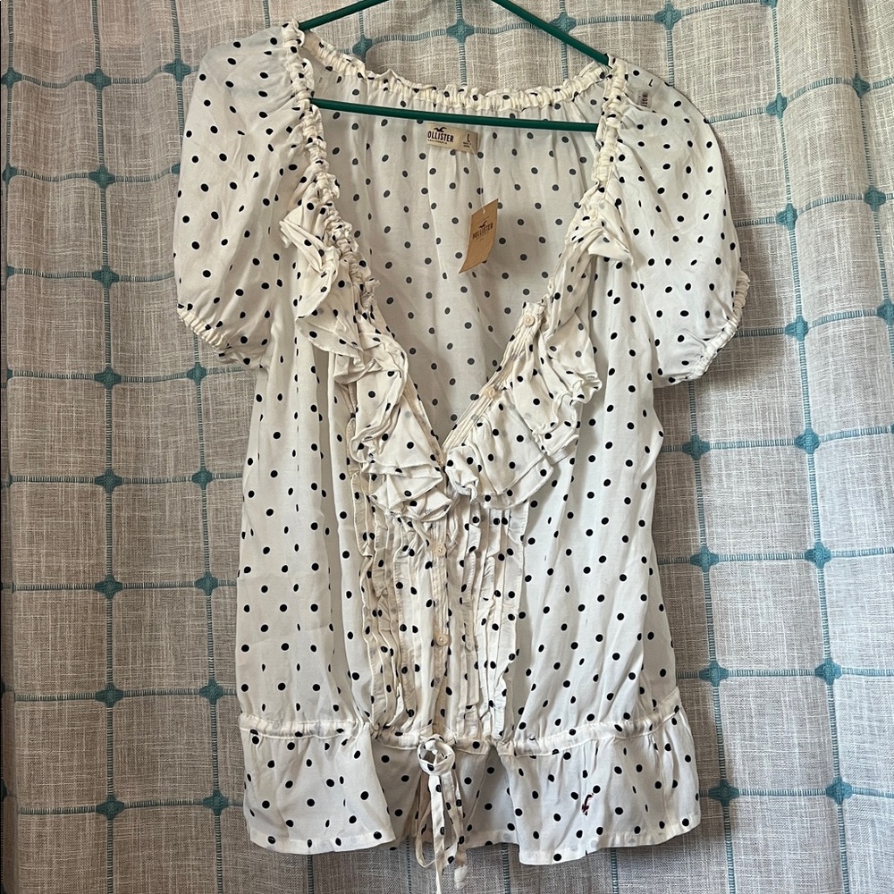 Hollister White Blouse with Navy Blue Polka Dots